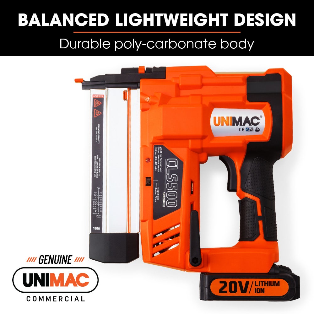 UNIMAC CLS500 15-50mm 18ga 2-in-1 Stapler/Brad Nail Gun, Cordless 20V Lithium Nailer