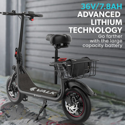 VALK Electric Scooter with Seat, Disc brakes, 12" Tyres, AU Compliant, for Adults, Teens, Commuter, Black
