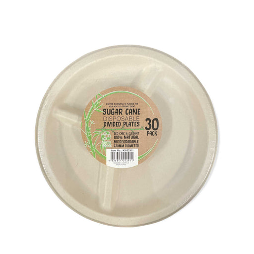 30 Pck Eco Disposable Party Divided Dinner Plate 23cm Biodegradable Sugar Cane