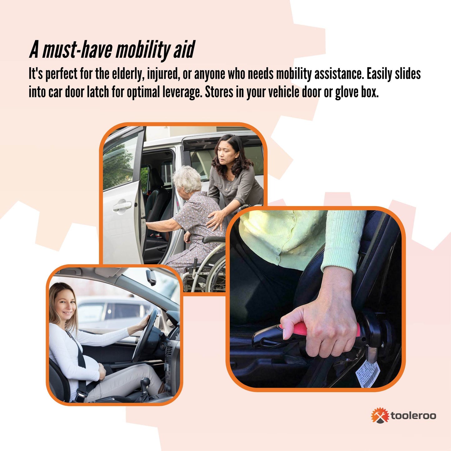 Tooleroo Car Cane Door Handle - Portable Elderly Stand Aid LED Light Hammer