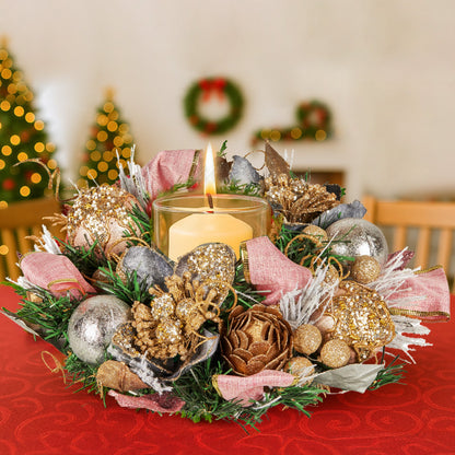 Christabelle 26cm Christmas Centrepiece Lush Green Holiday w/Jewelled Baubles, Foliage, Flowers, Pine Cones, Ribbon