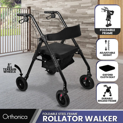 Orthonica Foldable Steel Rollator Walker with Adjustable Seat, 8 All-Terrain Wheels, Bag - 136kg Capacity
