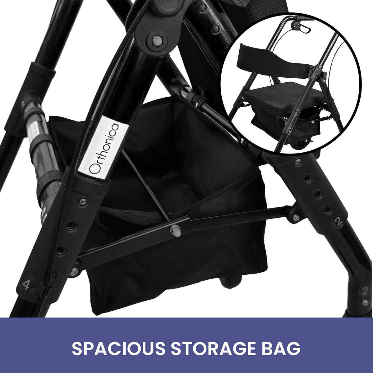 Orthonica Foldable Steel Rollator Walker with Adjustable Seat, 8 All-Terrain Wheels, Bag - 136kg Capacity