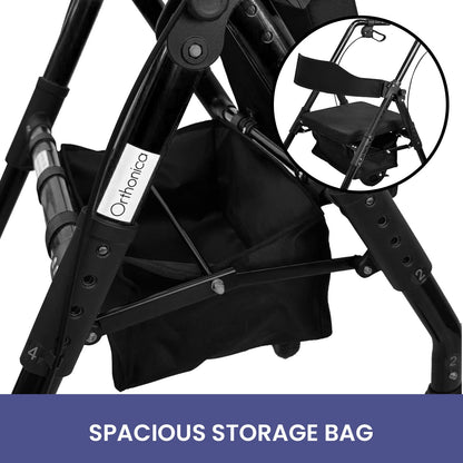 Orthonica Foldable Steel Rollator Walker with Adjustable Seat, 8 All-Terrain Wheels, Bag - 136kg Capacity