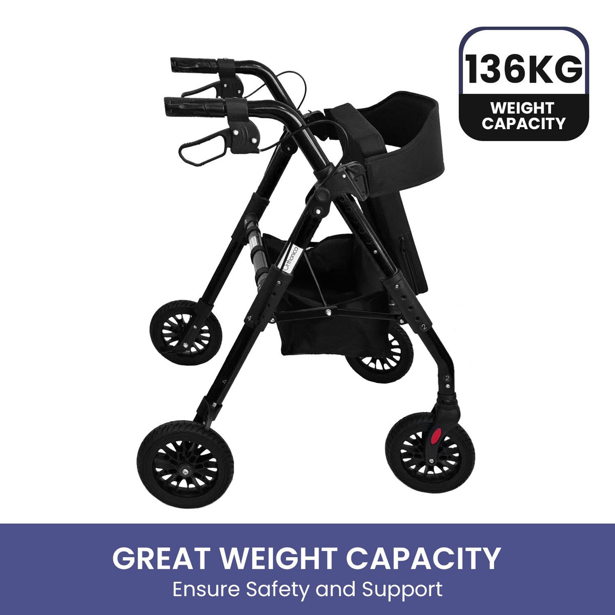 Orthonica Foldable Steel Rollator Walker with Adjustable Seat, 8 All-Terrain Wheels, Bag - 136kg Capacity