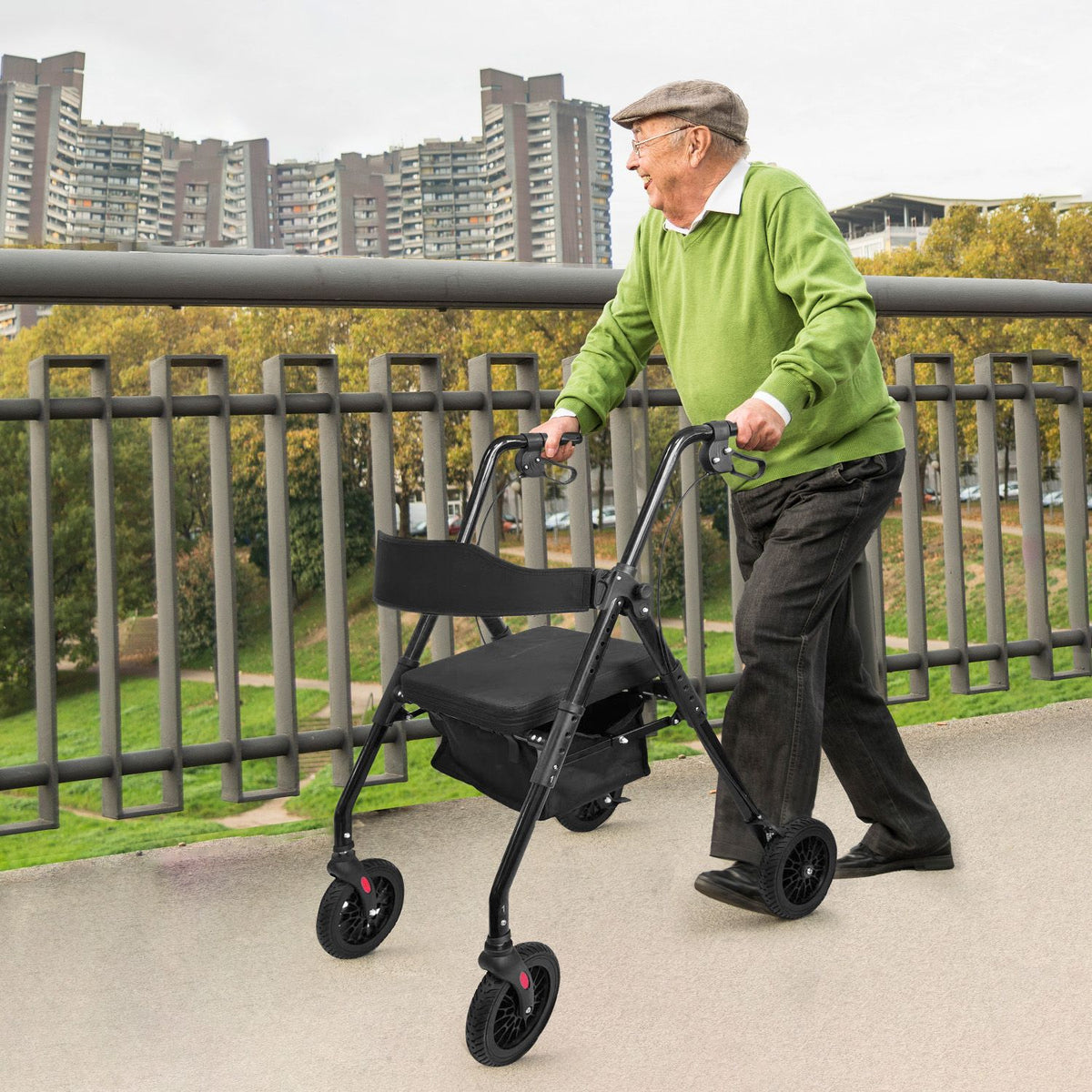 Orthonica Foldable Steel Rollator Walker with Adjustable Seat, 8 All-Terrain Wheels, Bag - 136kg Capacity