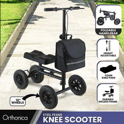 Orthonica Foldable Steel Knee Scooter Mobility Walker with 10-Inch Wheels Height Adjustable Storage Bag 136kg