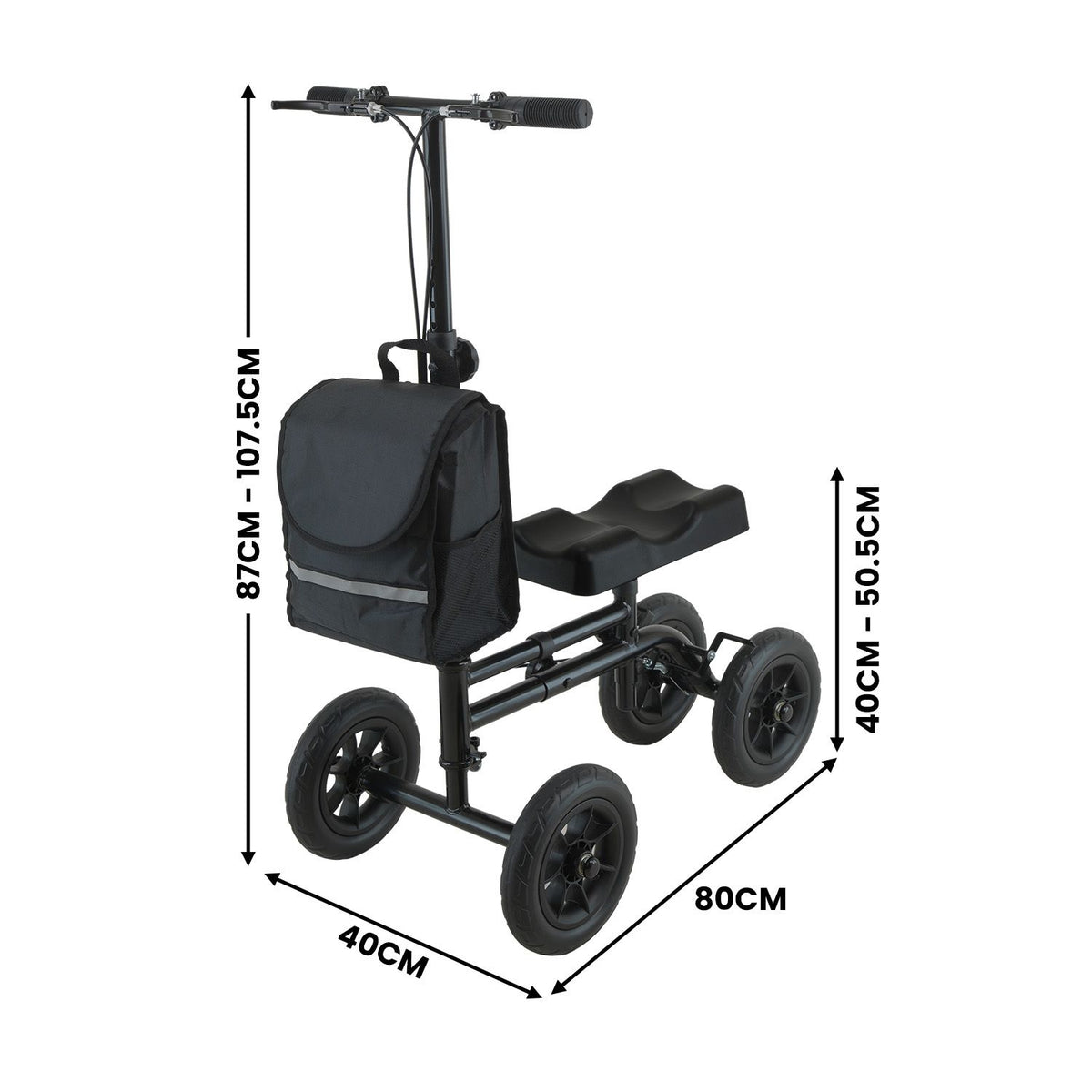 Orthonica Foldable Steel Knee Scooter Mobility Walker with 10-Inch Wheels Height Adjustable Storage Bag 136kg