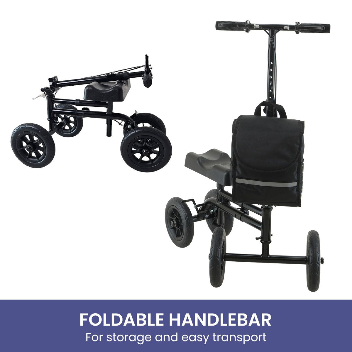 Orthonica Foldable Steel Knee Scooter Mobility Walker with 10-Inch Wheels Height Adjustable Storage Bag 136kg