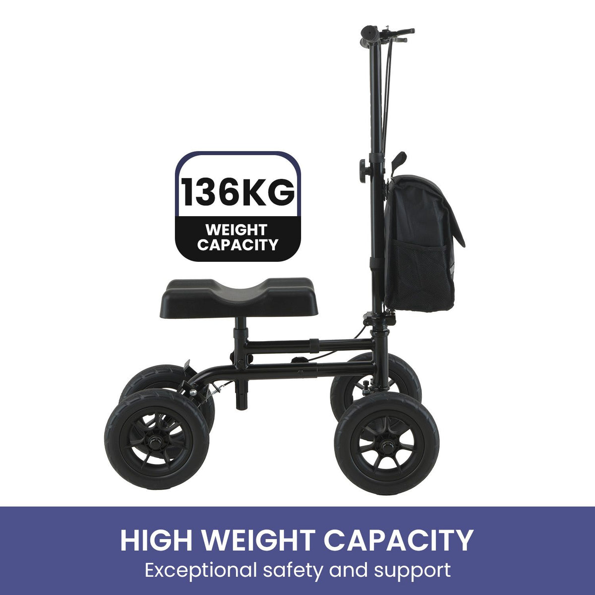 Orthonica Foldable Steel Knee Scooter Mobility Walker with 10-Inch Wheels Height Adjustable Storage Bag 136kg