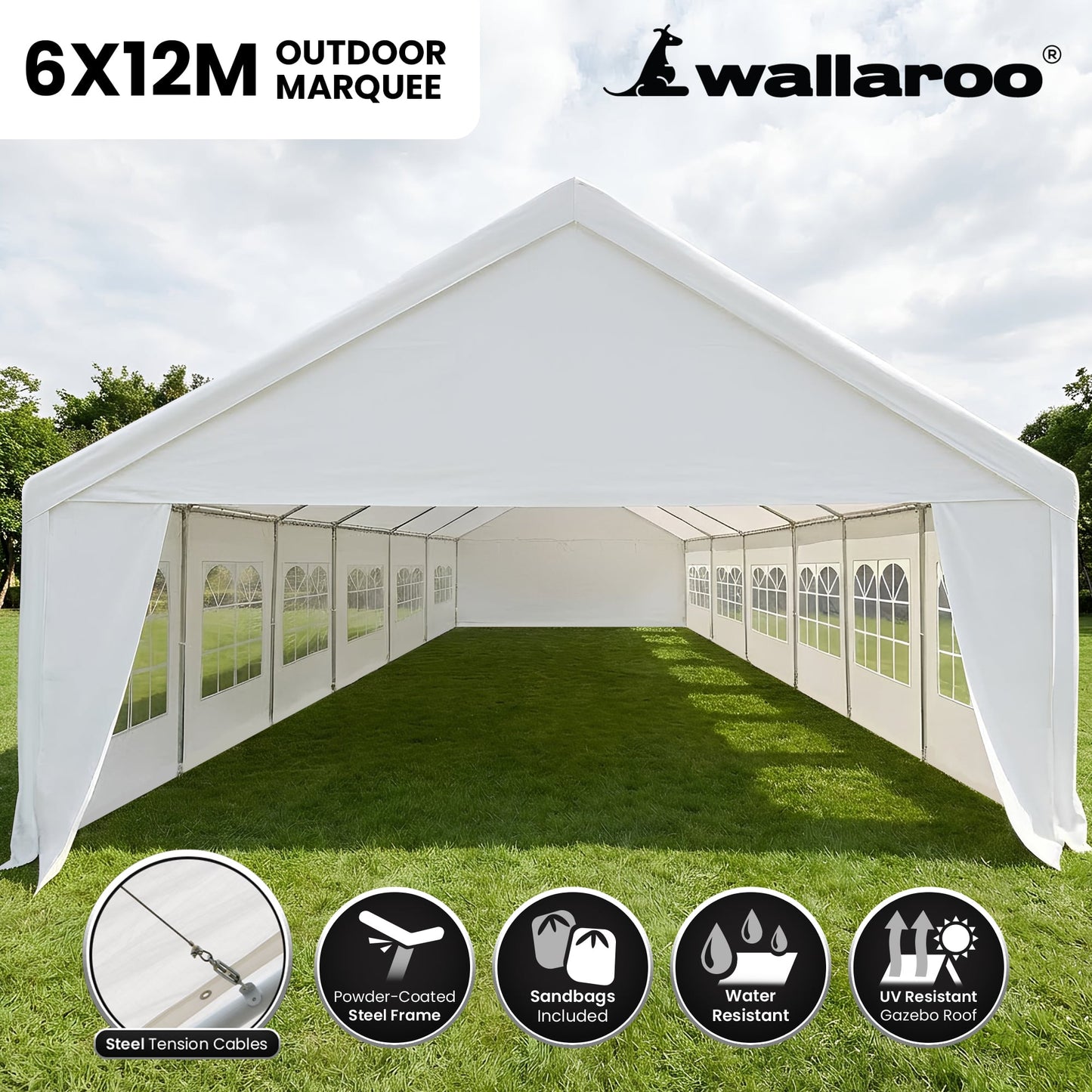 Wallaroo 6x12m Outdoor Event Marquee Gazebo Party Wedding Tent - White