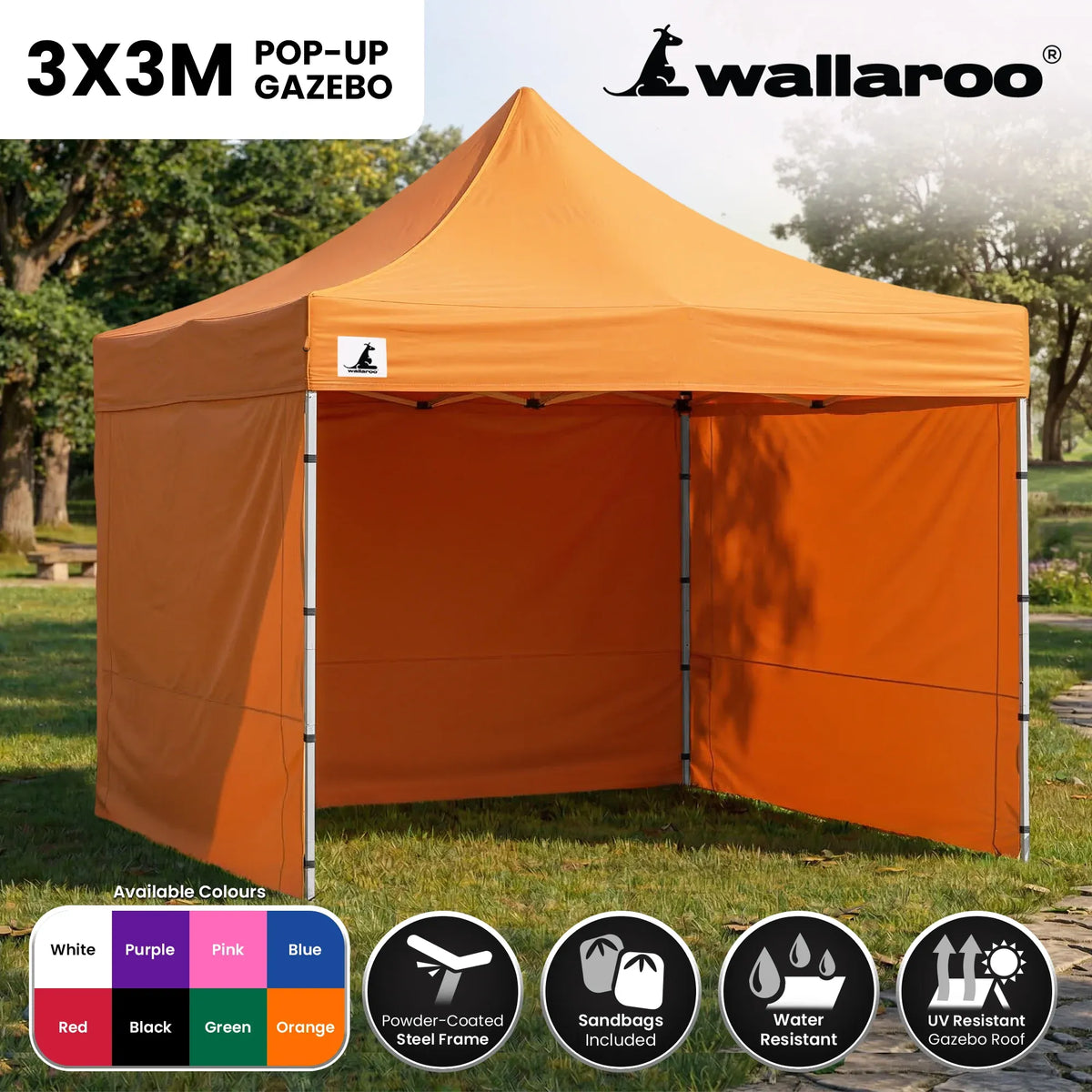Wallaroo 3x3m Pop Up Gazebo Marquee Tent Orange Outdoor Folding Canopy with 5 Walls Sandbags Carry Bag Market Camping