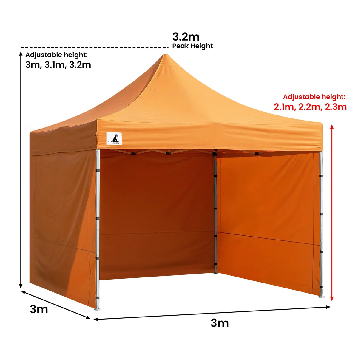 Wallaroo 3x3m Pop Up Gazebo Marquee Tent Orange Outdoor Folding Canopy with 5 Walls Sandbags Carry Bag Market Camping