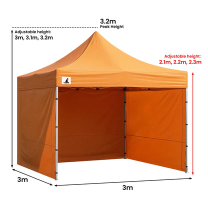 Wallaroo 3x3m Pop Up Gazebo Marquee Tent Orange Outdoor Folding Canopy with 5 Walls Sandbags Carry Bag Market Camping