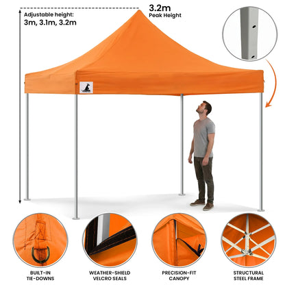 Wallaroo 3x3m Pop Up Gazebo Marquee Tent Orange Outdoor Folding Canopy with 5 Walls Sandbags Carry Bag Market Camping