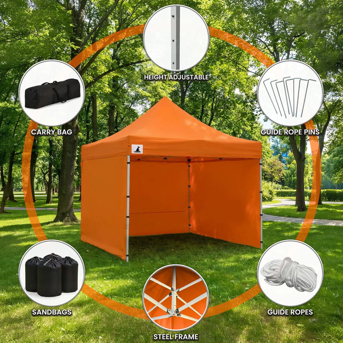 Wallaroo 3x3m Pop Up Gazebo Marquee Tent Orange Outdoor Folding Canopy with 5 Walls Sandbags Carry Bag Market Camping