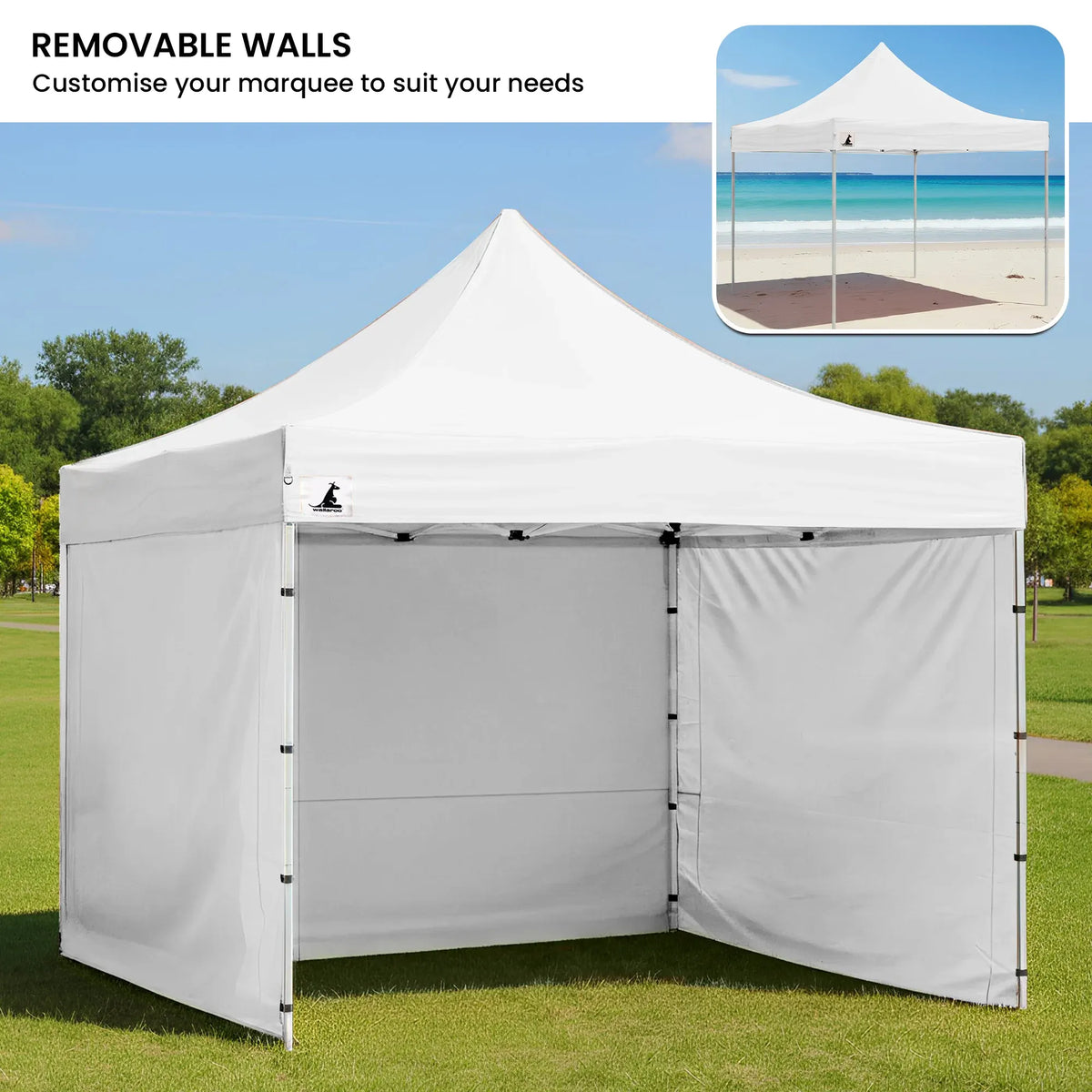 Wallaroo 3x3m Pop Up Gazebo Marquee Tent with 5 Walls, Sandbags & Carry Bag - White Folding Outdoor Canopy Shade