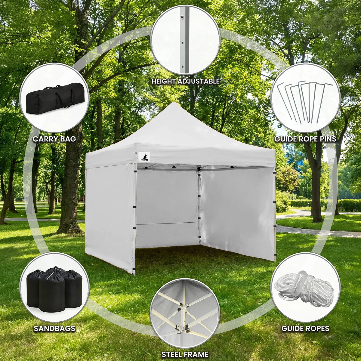Wallaroo 3x3m Pop Up Gazebo Marquee Tent with 5 Walls, Sandbags & Carry Bag - White Folding Outdoor Canopy Shade