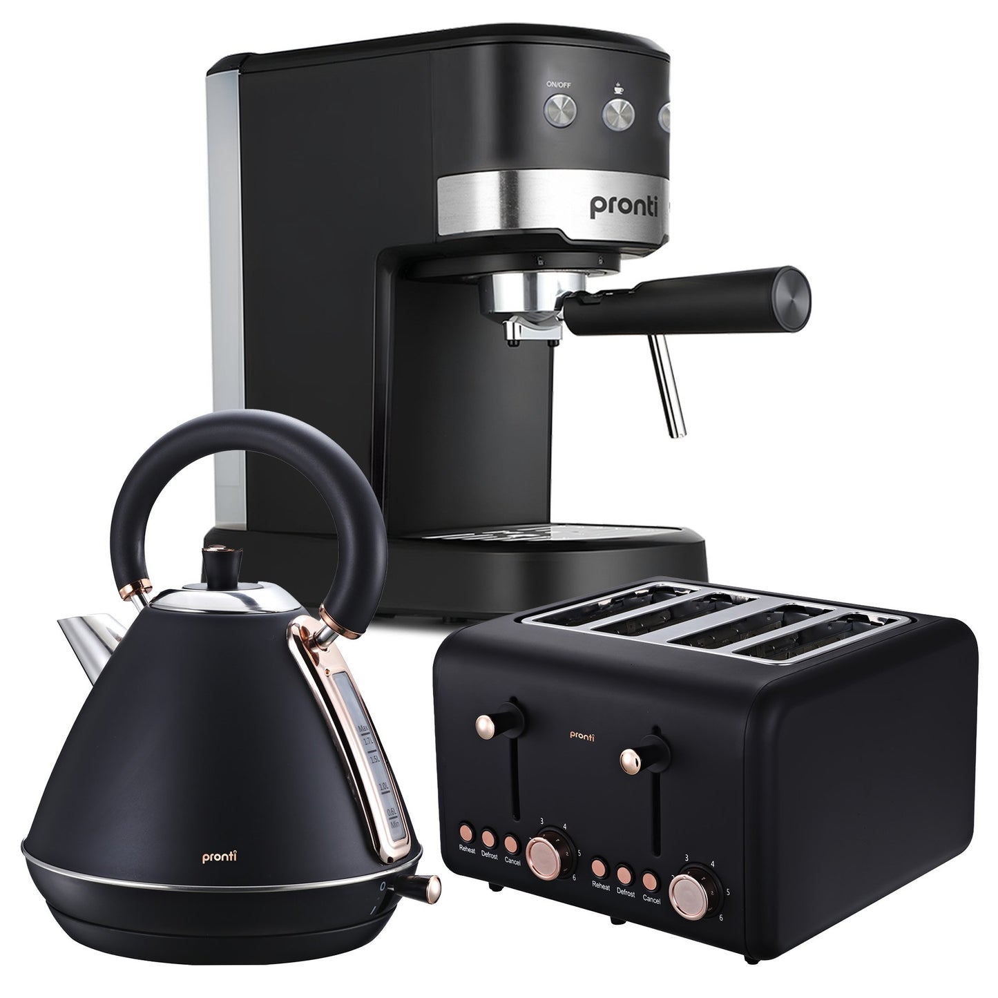 Pronti Breakfast Set with Rose Gold Kettle & Toaster with 1.2L Espresso Machine - Black