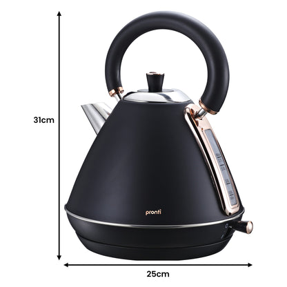 Pronti Breakfast Set with Rose Gold Kettle & Toaster with 1.2L Espresso Machine - Black