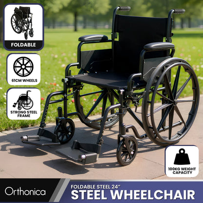 Orthonica 24 Inch Foldable Wheelchair Heavy Duty Steel Frame Manual Mobility & Disability Aid with Brakes Black