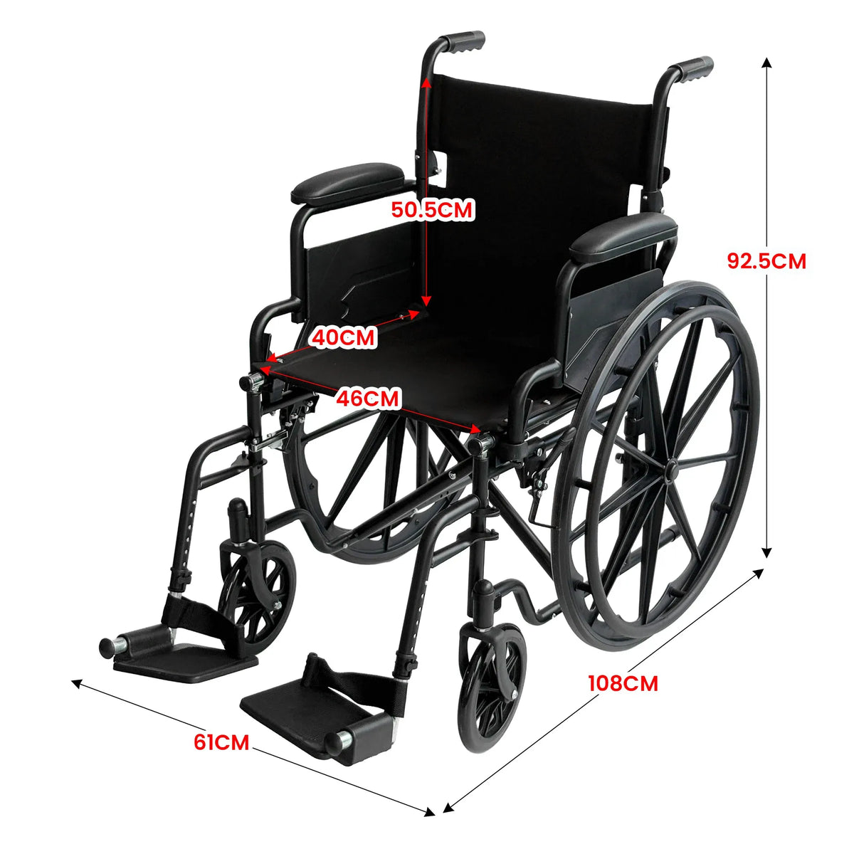 Orthonica 24 Inch Foldable Wheelchair Heavy Duty Steel Frame Manual Mobility & Disability Aid with Brakes Black