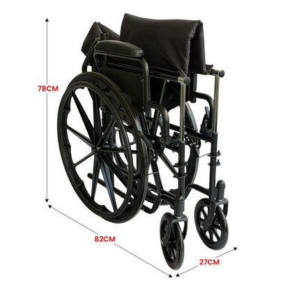 Orthonica 24 Inch Foldable Wheelchair Heavy Duty Steel Frame Manual Mobility & Disability Aid with Brakes Black