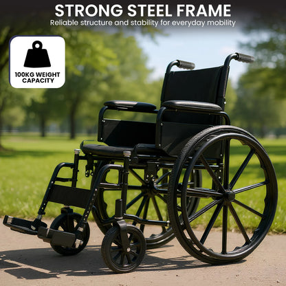 Orthonica 24 Inch Foldable Wheelchair Heavy Duty Steel Frame Manual Mobility & Disability Aid with Brakes Black