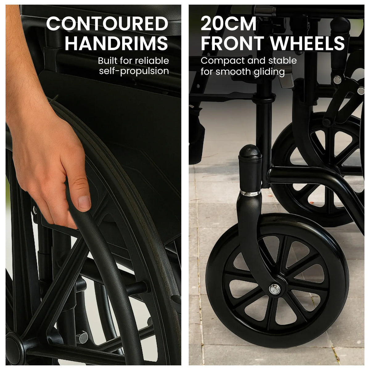 Orthonica 24 Inch Foldable Wheelchair Heavy Duty Steel Frame Manual Mobility & Disability Aid with Brakes Black