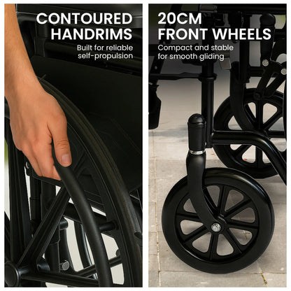 Orthonica 24 Inch Foldable Wheelchair Heavy Duty Steel Frame Manual Mobility & Disability Aid with Brakes Black