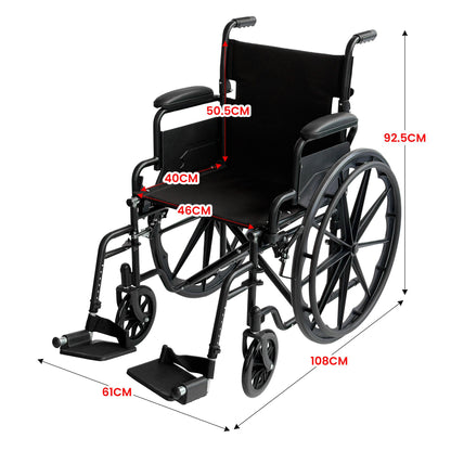 Orthonica New Steel Wheelchair In Black Foldable Lightweight Disability Aid Portable Heavy-duty 24-inch Adjustable Footrest Steel Frame