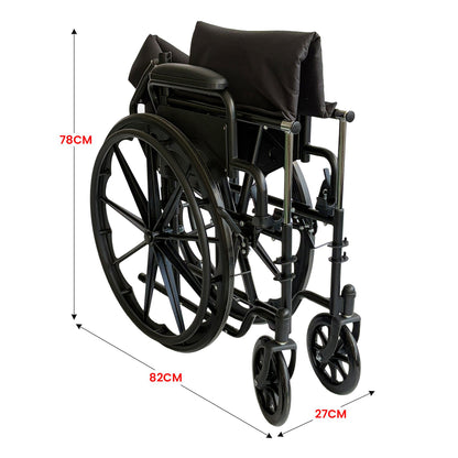 Orthonica New Steel Wheelchair In Black Foldable Lightweight Disability Aid Portable Heavy-duty 24-inch Adjustable Footrest Steel Frame