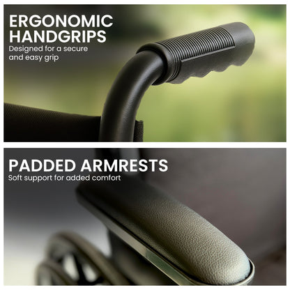 Orthonica New Steel Wheelchair In Black Foldable Lightweight Disability Aid Portable Heavy-duty 24-inch Adjustable Footrest Steel Frame