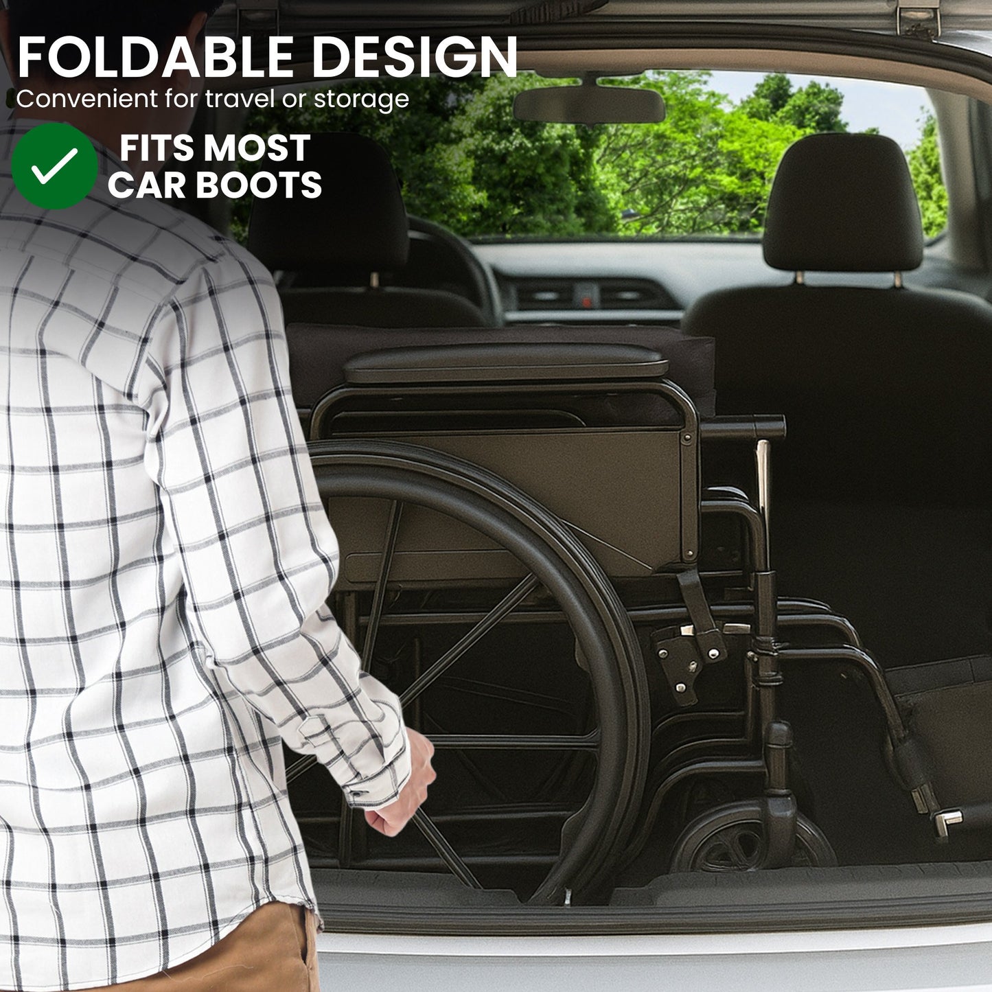 Orthonica New Steel Wheelchair In Black Foldable Lightweight Disability Aid Portable Heavy-duty 24-inch Adjustable Footrest Steel Frame