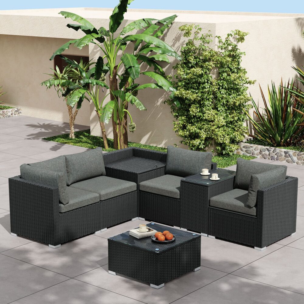 7PC Outdoor Wicker Loveseat Setting with Storage Corner (Black)