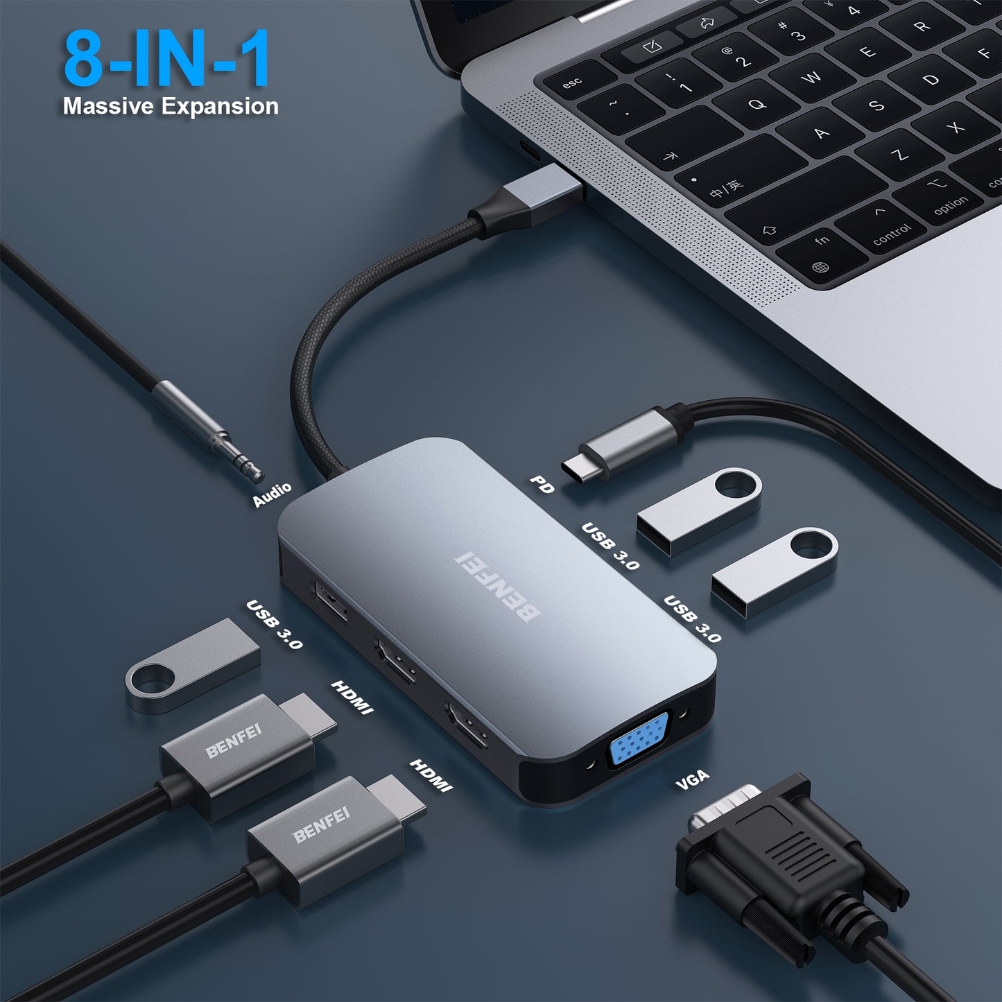 BENFEI 335GY USB-C Hub with Triple Display, 8-in-1 Docking Station (100W PD, Dual 4K HDMI, VGA, 3x USB 3.0)
