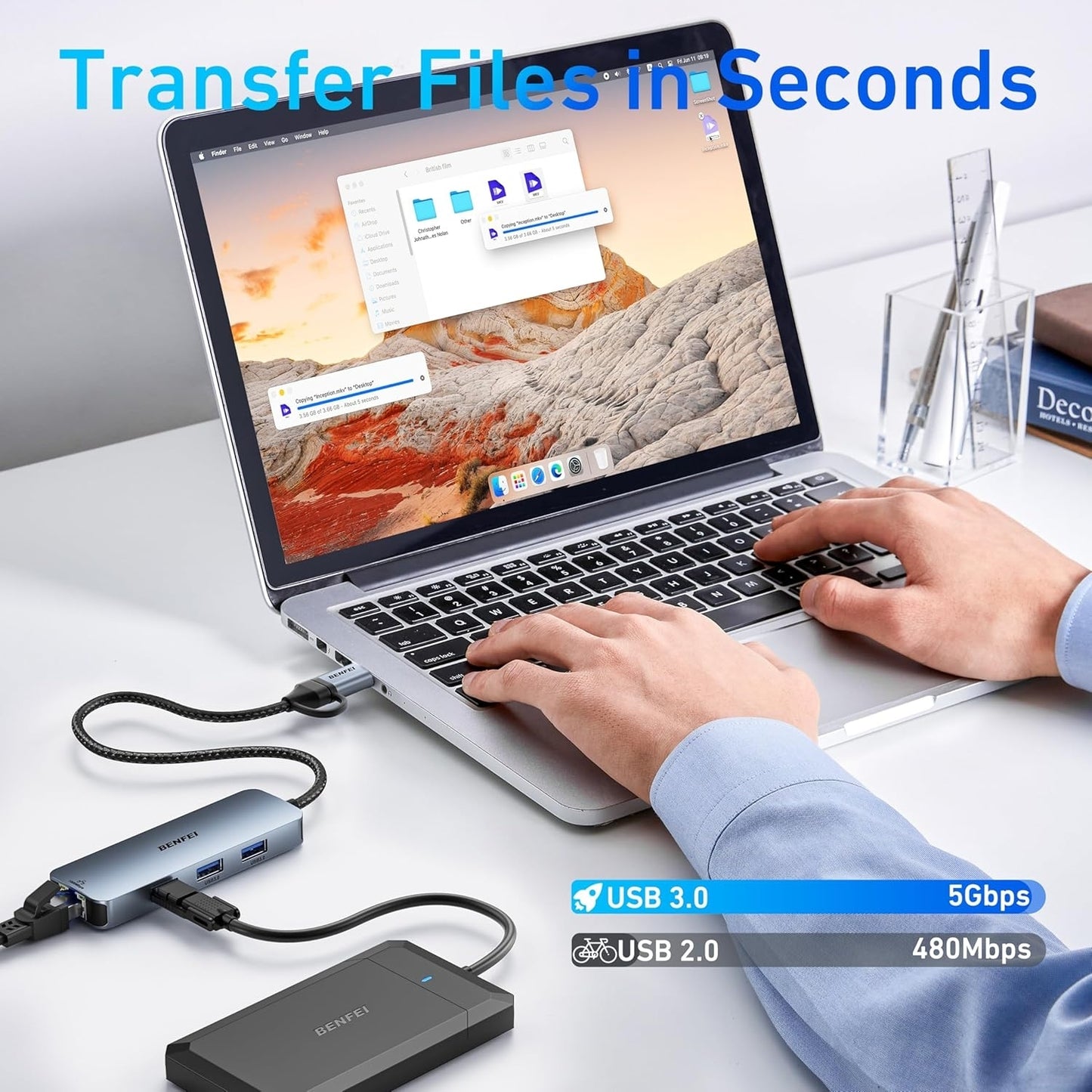 BENFEI 000386GY USB-C + USB 3.0 to Gigabit RJ45 + 3 Port USB 3.0 Hub Compatible with Mac