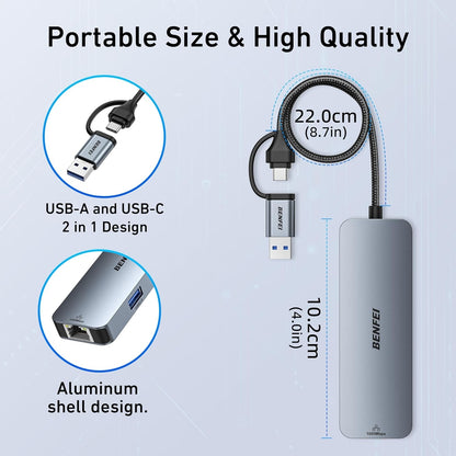 BENFEI 000386GY USB-C + USB 3.0 to Gigabit RJ45 + 3 Port USB 3.0 Hub Compatible with Mac