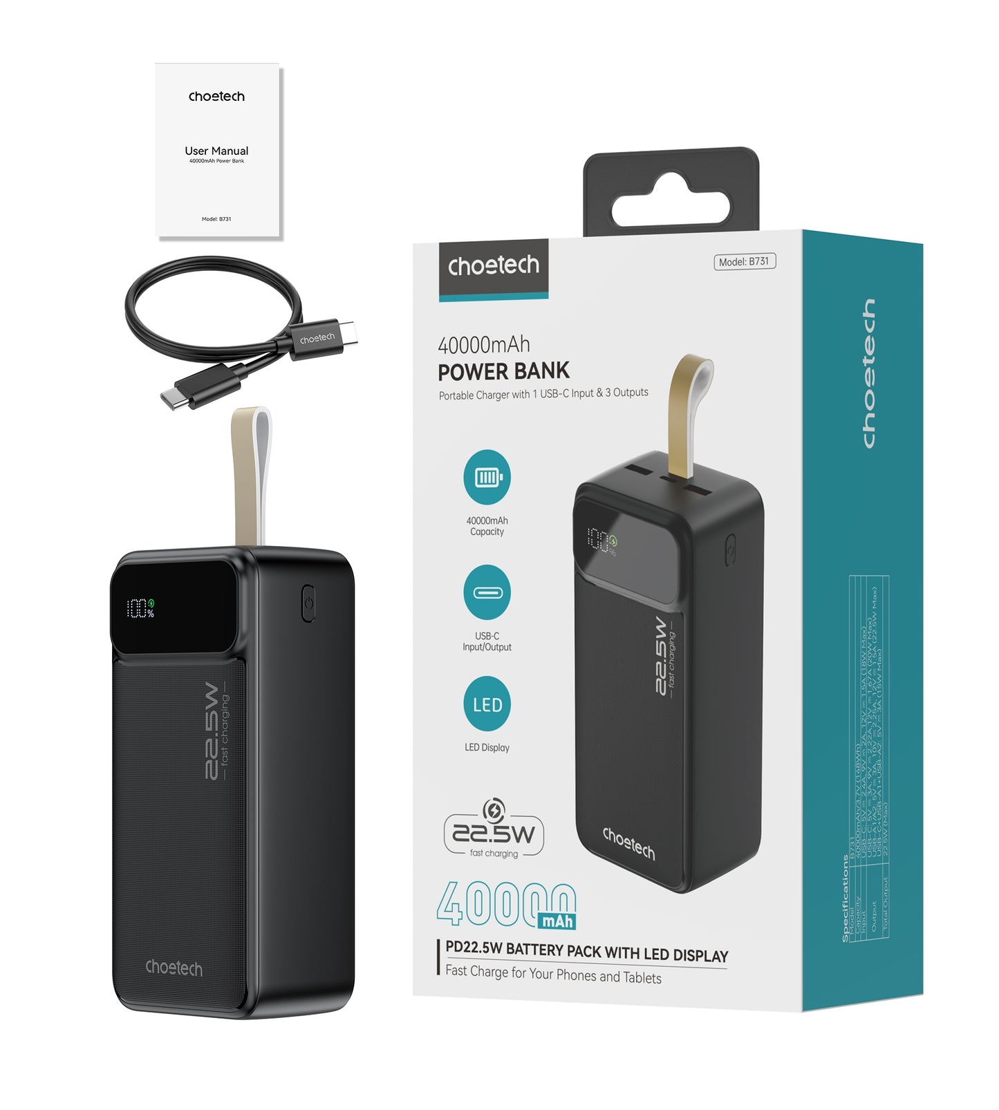 CHOETECH B731 40000mAh Power Bank PD22.5W with Digital Display