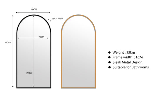 Metal Arch Mirror 80cm x 170cm - Gold
