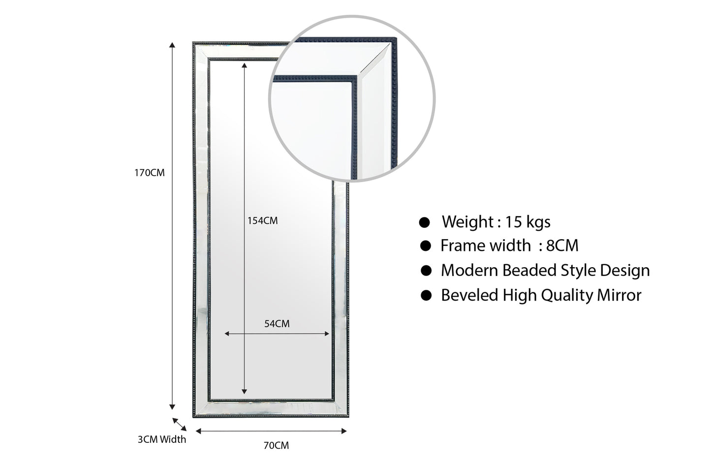 Medium Silver Beaded Framed Mirror - 70cm x 170cm