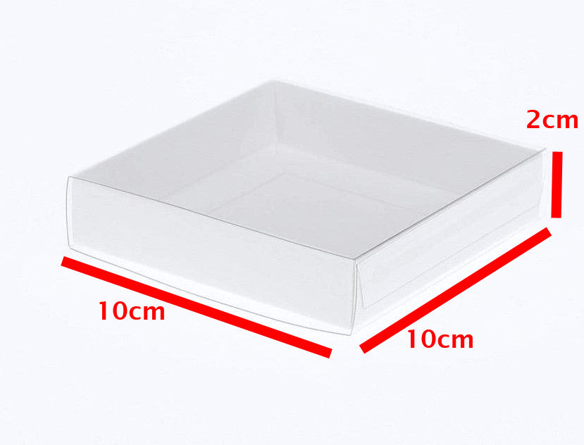 50 Pack of 10cm Square Invitation Coaster Favor Function product Presentation Cookie Biscuit Patisserie Gift Box - 2cm deep - White Card with Clear Slide On PVC Lid