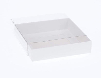 50 Pack of 10cm Square Invitation Coaster Favor Function product Presentation Cookie Biscuit Patisserie Gift Box - 2cm deep - White Card with Clear Slide On PVC Lid