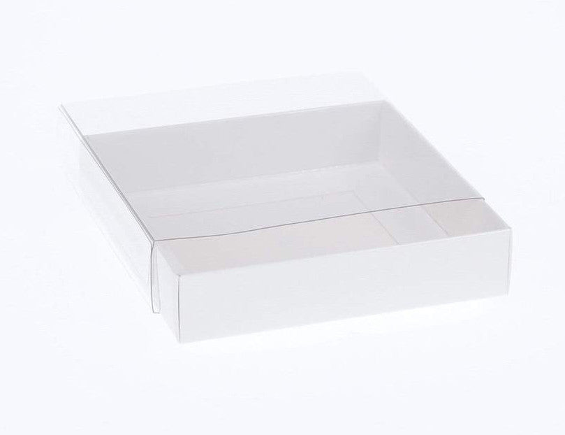 50 Pack of 15cm Square Invitation Coaster Favor Function product Presentation Cookie Biscuit Patisserie Gift Box - 4cm deep - White Card with Clear Slide On PVC Lid