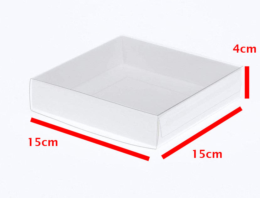 50 Pack of 15cm Square Invitation Coaster Favor Function product Presentation Cookie Biscuit Patisserie Gift Box - 4cm deep - White Card with Clear Slide On PVC Lid