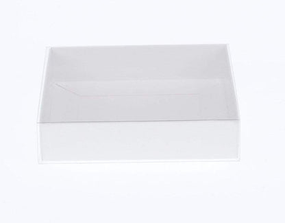 50 Pack of 15cm Square Invitation Coaster Favor Function product Presentation Cookie Biscuit Patisserie Gift Box - 4cm deep - White Card with Clear Slide On PVC Lid