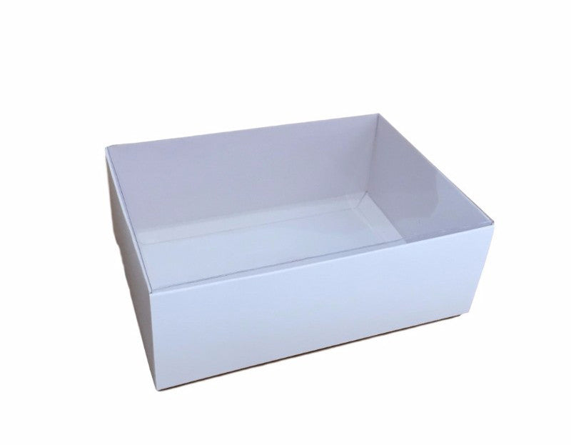 50 Pack of White Card Box - Clear Slide On Lid - 30 x 20 x 8cm -  Large Beauty Product Gift Giving Hamper Tray Merch Fashion Cake Sweets Xmas