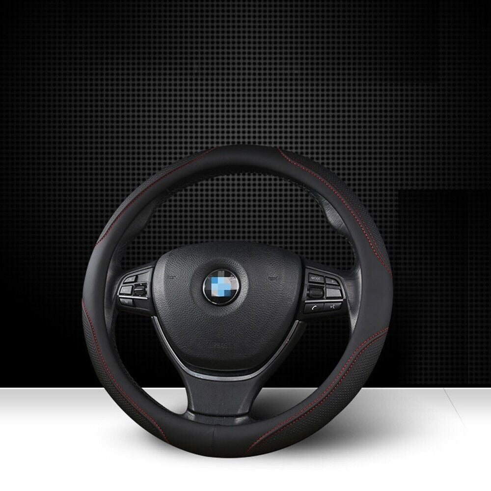 Universal Luxury Car 37-38cm Steering Wheel Cover PU Leather Non-slip Breathable (Black-red)