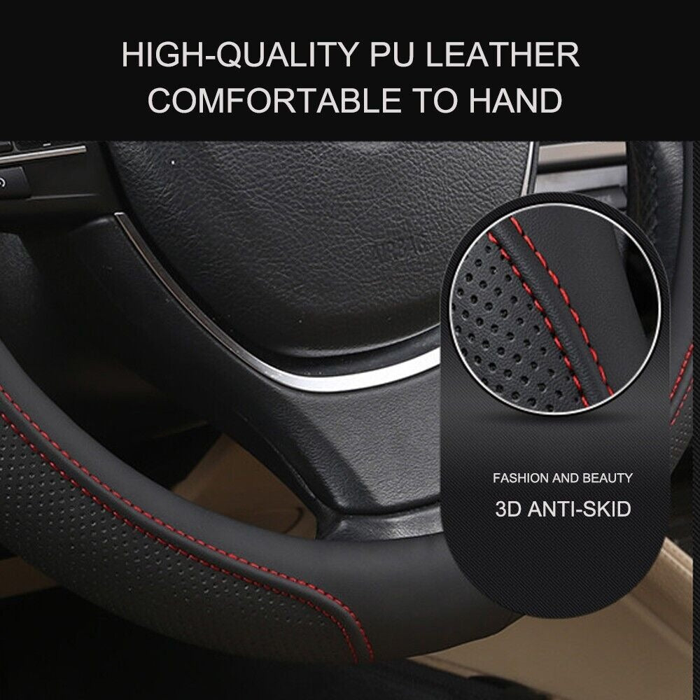 Universal Luxury Car 37-38cm Steering Wheel Cover PU Leather Non-slip Breathable (Black-red)