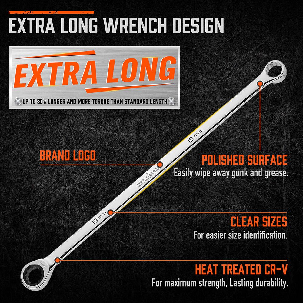 HORUSDY 9Pc Extra Long Ratchet Spanner Set Aviation Double End 8-19mm w/t Pouch
